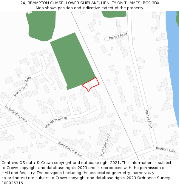 24, BRAMPTON CHASE, LOWER SHIPLAKE, HENLEY-ON-THAMES, RG9 3BX: Location map and indicative extent of plot