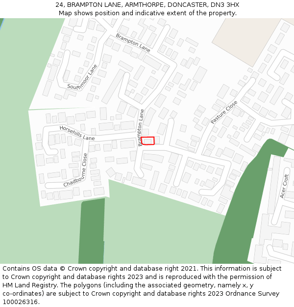 24, BRAMPTON LANE, ARMTHORPE, DONCASTER, DN3 3HX: Location map and indicative extent of plot