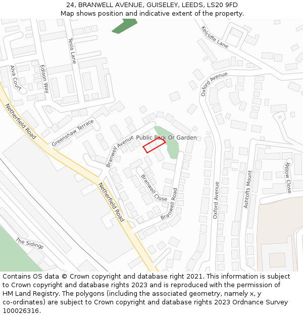 24, BRANWELL AVENUE, GUISELEY, LEEDS, LS20 9FD: Location map and indicative extent of plot