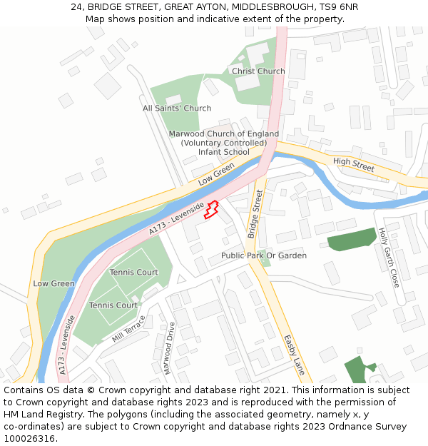 24, BRIDGE STREET, GREAT AYTON, MIDDLESBROUGH, TS9 6NR: Location map and indicative extent of plot