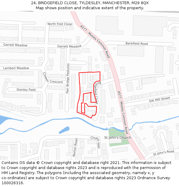 24, BRIDGEFIELD CLOSE, TYLDESLEY, MANCHESTER, M29 8QX: Location map and indicative extent of plot