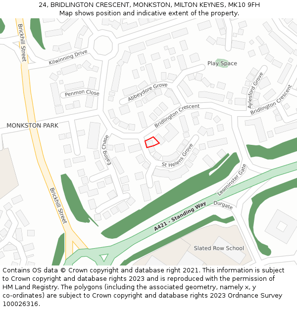 24, BRIDLINGTON CRESCENT, MONKSTON, MILTON KEYNES, MK10 9FH: Location map and indicative extent of plot