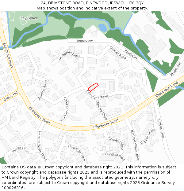 24, BRIMSTONE ROAD, PINEWOOD, IPSWICH, IP8 3QY: Location map and indicative extent of plot