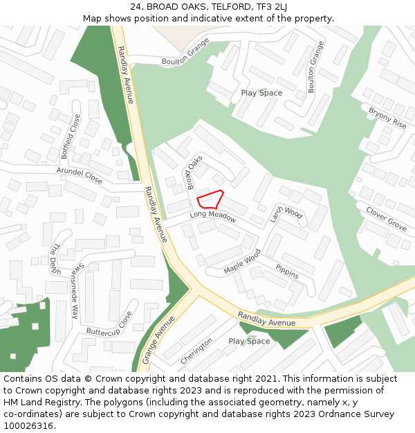 24, BROAD OAKS, TELFORD, TF3 2LJ: Location map and indicative extent of plot