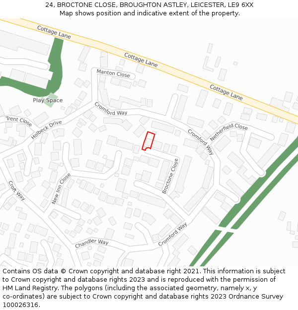 24, BROCTONE CLOSE, BROUGHTON ASTLEY, LEICESTER, LE9 6XX: Location map and indicative extent of plot