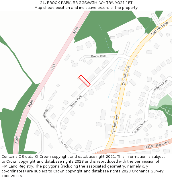 24, BROOK PARK, BRIGGSWATH, WHITBY, YO21 1RT: Location map and indicative extent of plot