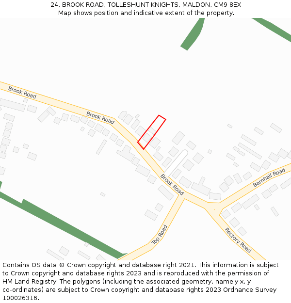 24, BROOK ROAD, TOLLESHUNT KNIGHTS, MALDON, CM9 8EX: Location map and indicative extent of plot