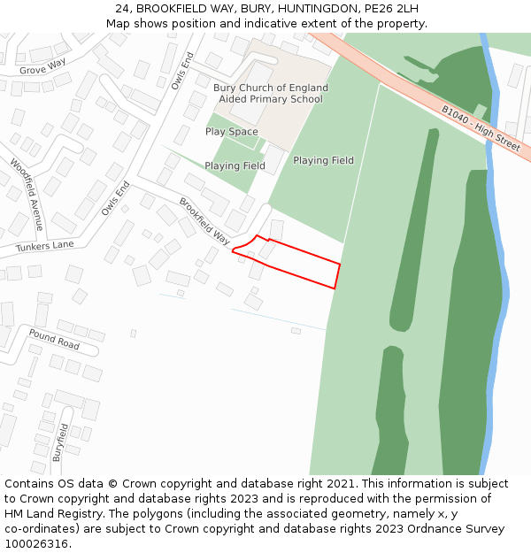 24, BROOKFIELD WAY, BURY, HUNTINGDON, PE26 2LH: Location map and indicative extent of plot