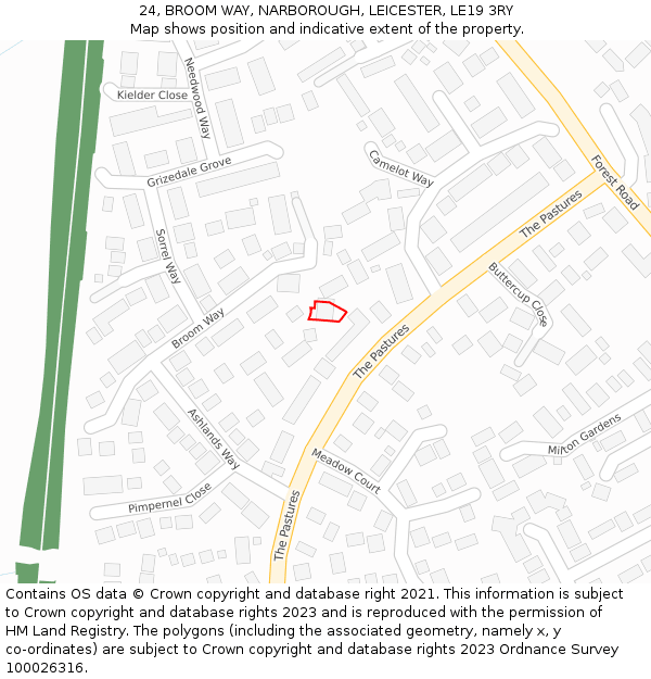 24, BROOM WAY, NARBOROUGH, LEICESTER, LE19 3RY: Location map and indicative extent of plot