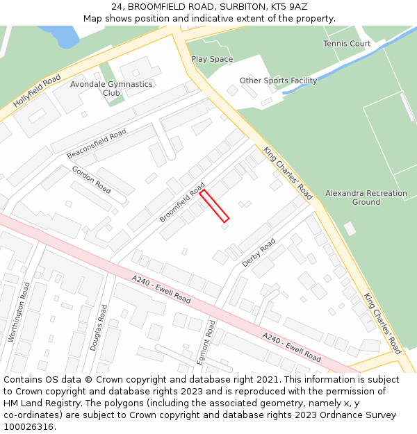 24, BROOMFIELD ROAD, SURBITON, KT5 9AZ: Location map and indicative extent of plot