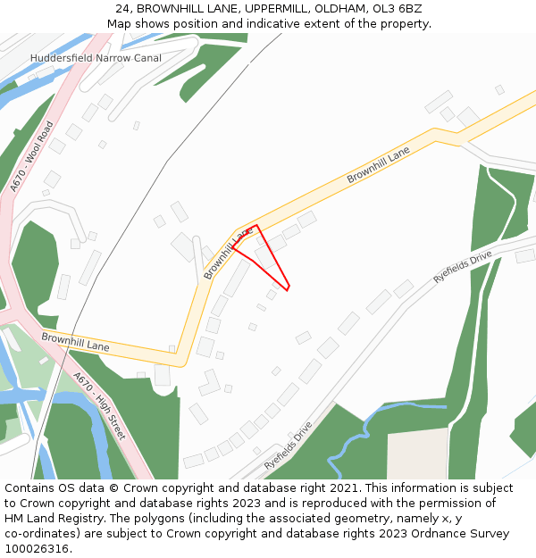 24, BROWNHILL LANE, UPPERMILL, OLDHAM, OL3 6BZ: Location map and indicative extent of plot