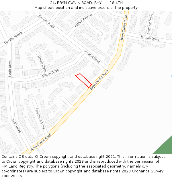 24, BRYN CWNIN ROAD, RHYL, LL18 4TH: Location map and indicative extent of plot