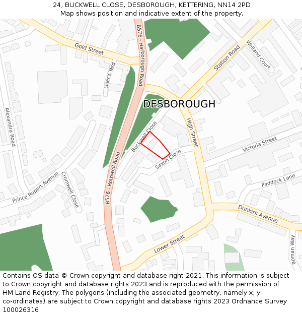 24, BUCKWELL CLOSE, DESBOROUGH, KETTERING, NN14 2PD: Location map and indicative extent of plot