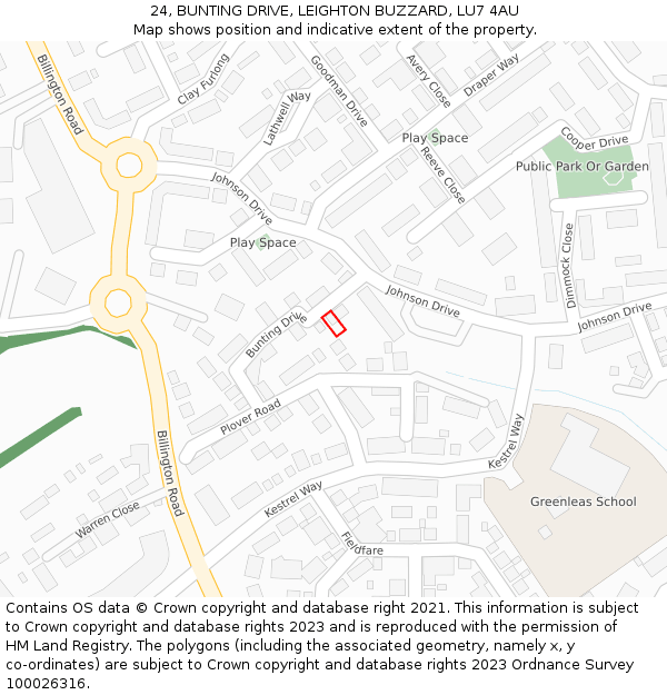 24, BUNTING DRIVE, LEIGHTON BUZZARD, LU7 4AU: Location map and indicative extent of plot