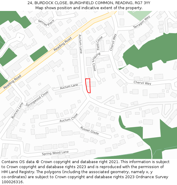 24, BURDOCK CLOSE, BURGHFIELD COMMON, READING, RG7 3YY: Location map and indicative extent of plot