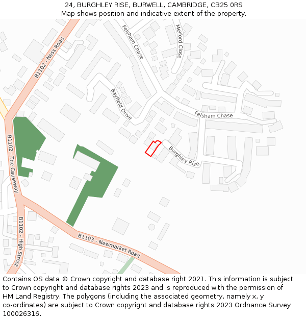 24, BURGHLEY RISE, BURWELL, CAMBRIDGE, CB25 0RS: Location map and indicative extent of plot