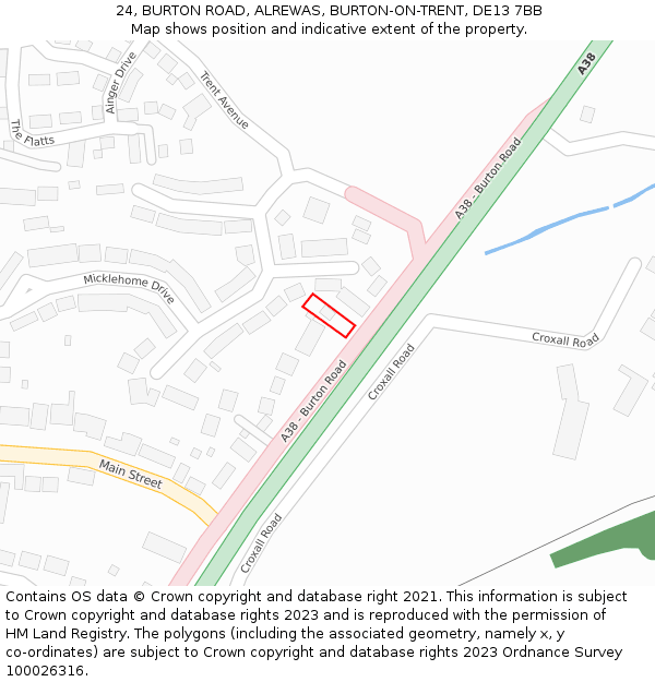 24, BURTON ROAD, ALREWAS, BURTON-ON-TRENT, DE13 7BB: Location map and indicative extent of plot