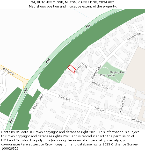 24, BUTCHER CLOSE, MILTON, CAMBRIDGE, CB24 6ED: Location map and indicative extent of plot