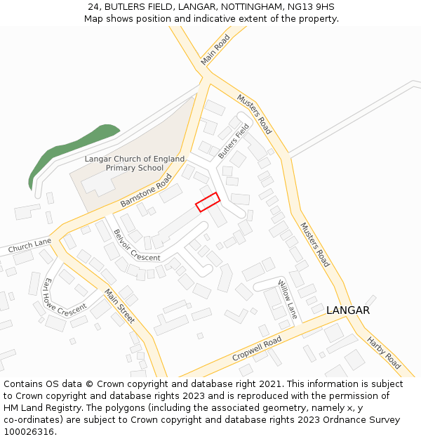 24, BUTLERS FIELD, LANGAR, NOTTINGHAM, NG13 9HS: Location map and indicative extent of plot