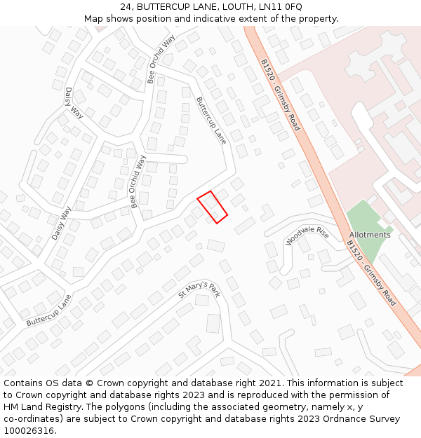 24, BUTTERCUP LANE, LOUTH, LN11 0FQ: Location map and indicative extent of plot