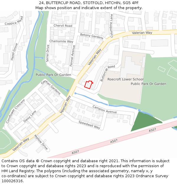 24, BUTTERCUP ROAD, STOTFOLD, HITCHIN, SG5 4PF: Location map and indicative extent of plot