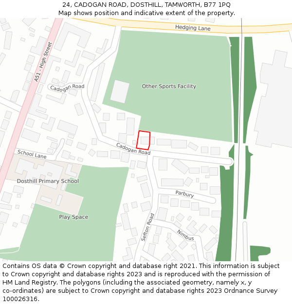 24, CADOGAN ROAD, DOSTHILL, TAMWORTH, B77 1PQ: Location map and indicative extent of plot