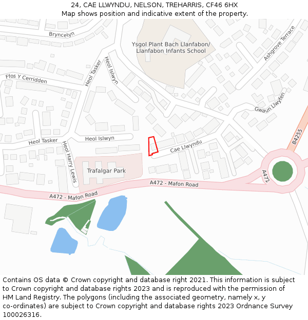 24, CAE LLWYNDU, NELSON, TREHARRIS, CF46 6HX: Location map and indicative extent of plot