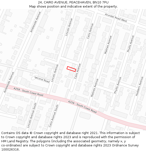 24, CAIRO AVENUE, PEACEHAVEN, BN10 7PU: Location map and indicative extent of plot