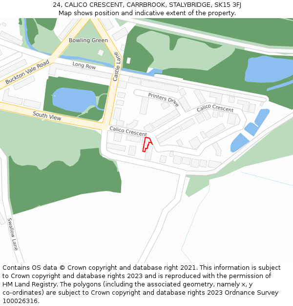 24, CALICO CRESCENT, CARRBROOK, STALYBRIDGE, SK15 3FJ: Location map and indicative extent of plot