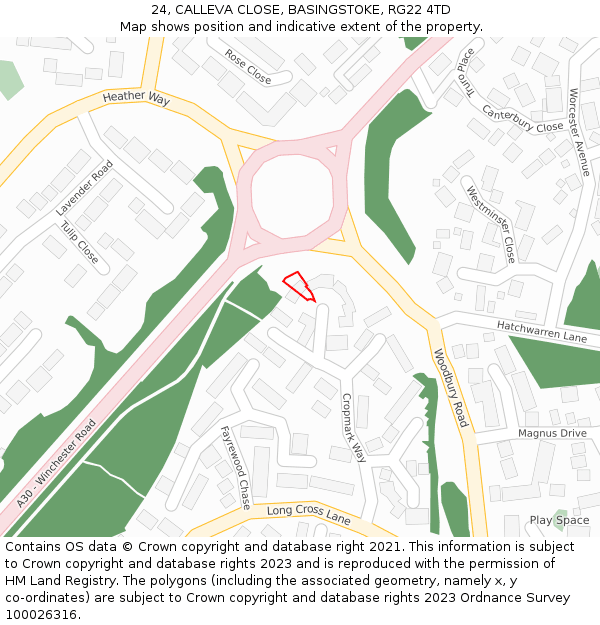 24, CALLEVA CLOSE, BASINGSTOKE, RG22 4TD: Location map and indicative extent of plot