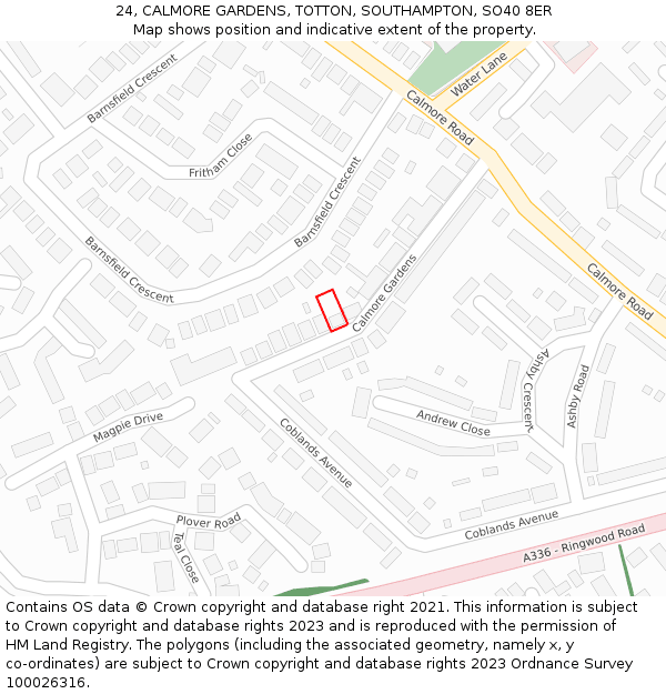 24, CALMORE GARDENS, TOTTON, SOUTHAMPTON, SO40 8ER: Location map and indicative extent of plot