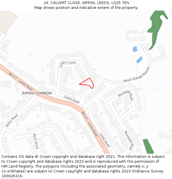 24, CALVERT CLOSE, KIPPAX, LEEDS, LS25 7EN: Location map and indicative extent of plot