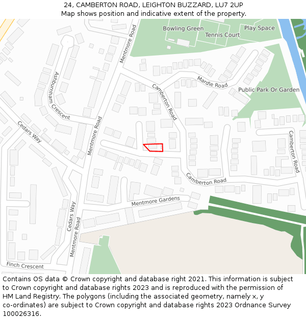 24, CAMBERTON ROAD, LEIGHTON BUZZARD, LU7 2UP: Location map and indicative extent of plot