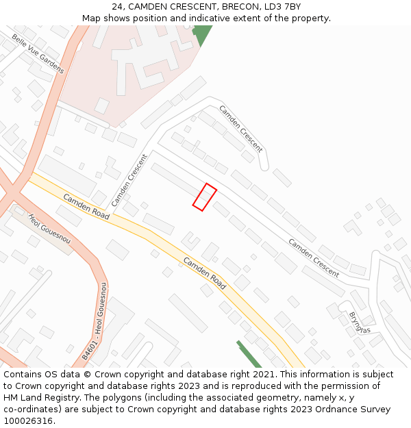 24, CAMDEN CRESCENT, BRECON, LD3 7BY: Location map and indicative extent of plot