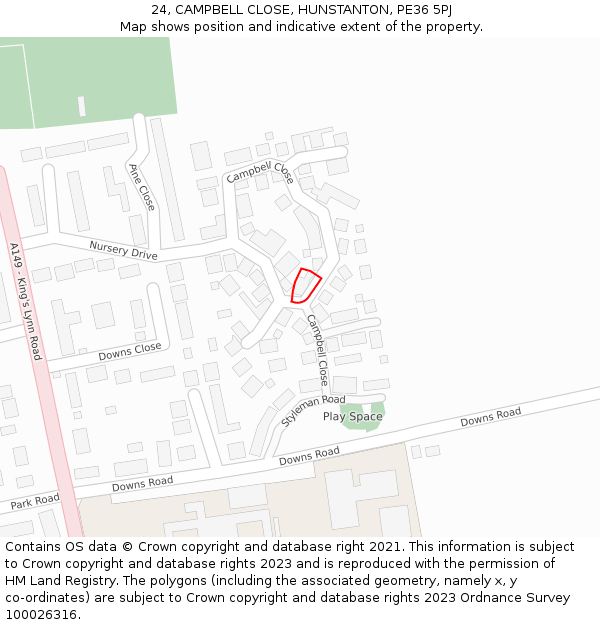 24, CAMPBELL CLOSE, HUNSTANTON, PE36 5PJ: Location map and indicative extent of plot