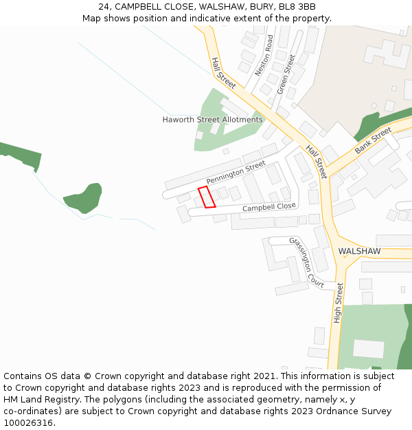 24, CAMPBELL CLOSE, WALSHAW, BURY, BL8 3BB: Location map and indicative extent of plot