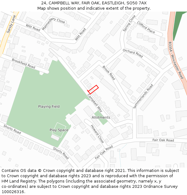 24, CAMPBELL WAY, FAIR OAK, EASTLEIGH, SO50 7AX: Location map and indicative extent of plot