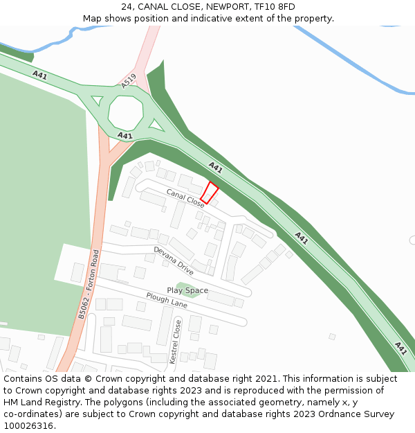 24, CANAL CLOSE, NEWPORT, TF10 8FD: Location map and indicative extent of plot