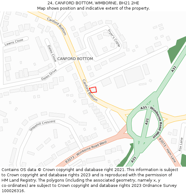 24, CANFORD BOTTOM, WIMBORNE, BH21 2HE: Location map and indicative extent of plot