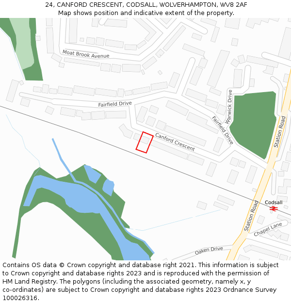 24, CANFORD CRESCENT, CODSALL, WOLVERHAMPTON, WV8 2AF: Location map and indicative extent of plot