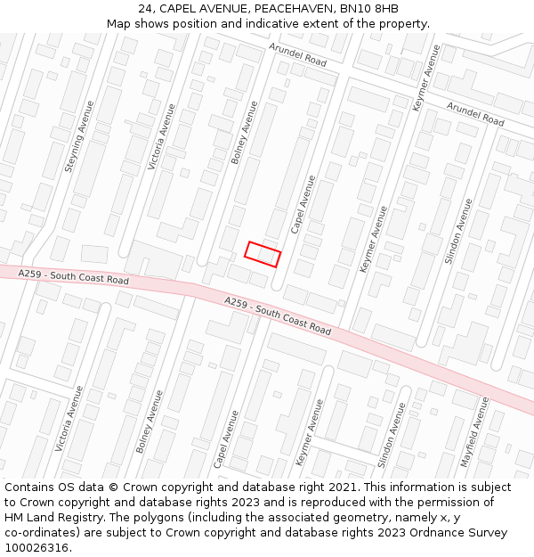 24, CAPEL AVENUE, PEACEHAVEN, BN10 8HB: Location map and indicative extent of plot