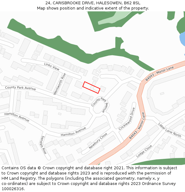 24, CARISBROOKE DRIVE, HALESOWEN, B62 8SL: Location map and indicative extent of plot