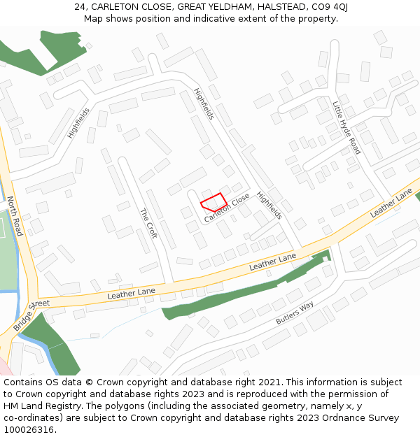 24, CARLETON CLOSE, GREAT YELDHAM, HALSTEAD, CO9 4QJ: Location map and indicative extent of plot