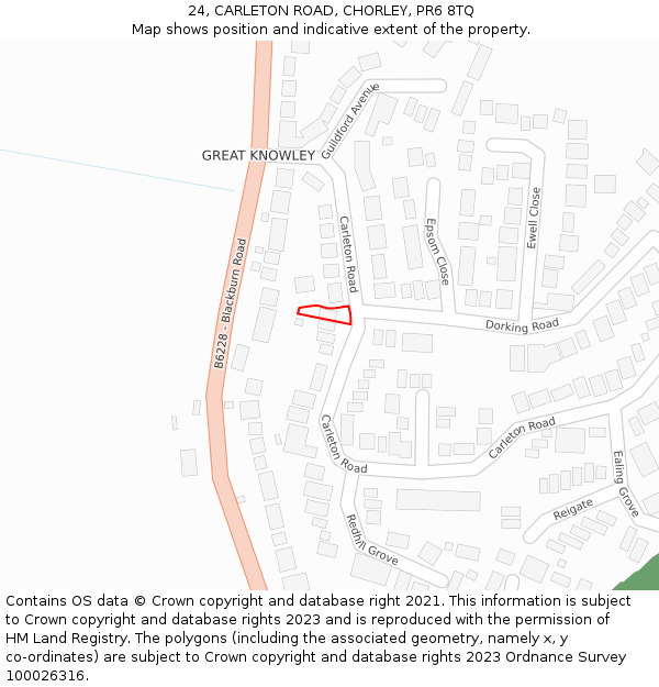 24, CARLETON ROAD, CHORLEY, PR6 8TQ: Location map and indicative extent of plot