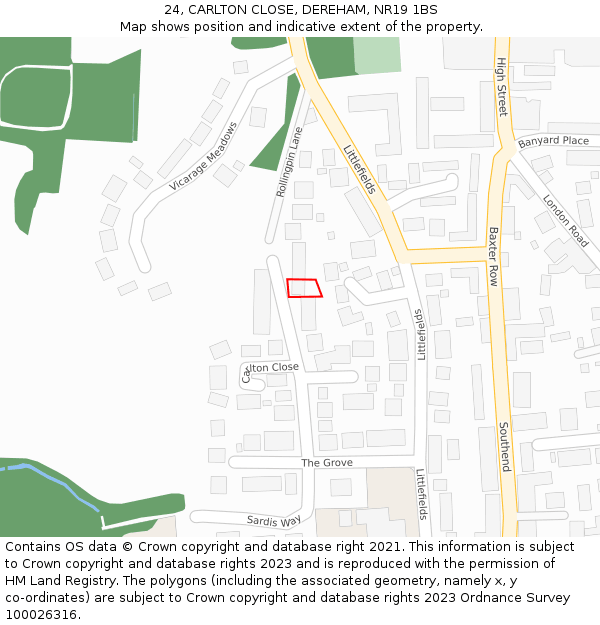 24, CARLTON CLOSE, DEREHAM, NR19 1BS: Location map and indicative extent of plot