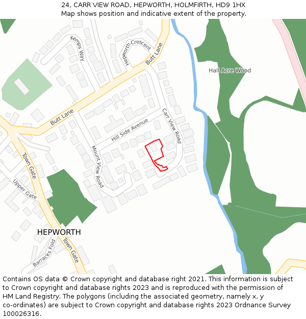 24, CARR VIEW ROAD, HEPWORTH, HOLMFIRTH, HD9 1HX: Location map and indicative extent of plot