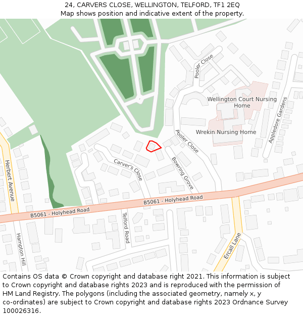24, CARVERS CLOSE, WELLINGTON, TELFORD, TF1 2EQ: Location map and indicative extent of plot