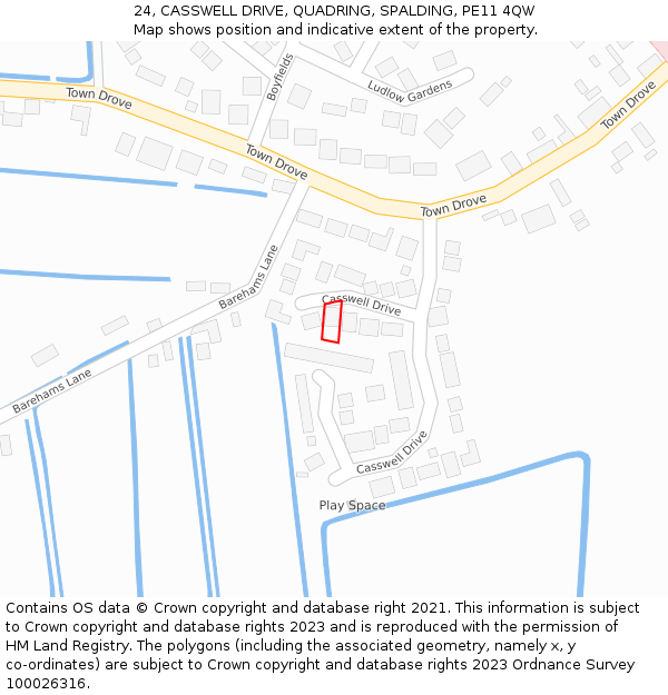 24, CASSWELL DRIVE, QUADRING, SPALDING, PE11 4QW: Location map and indicative extent of plot