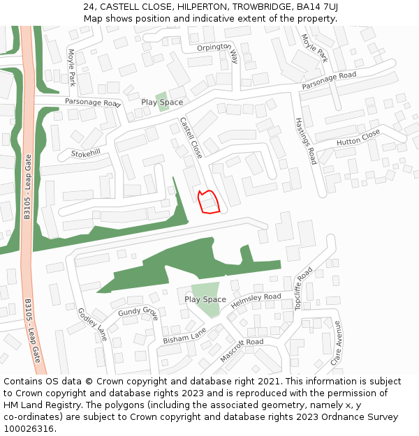 24, CASTELL CLOSE, HILPERTON, TROWBRIDGE, BA14 7UJ: Location map and indicative extent of plot