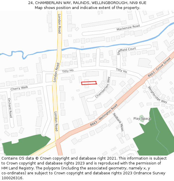 24, CHAMBERLAIN WAY, RAUNDS, WELLINGBOROUGH, NN9 6UE: Location map and indicative extent of plot